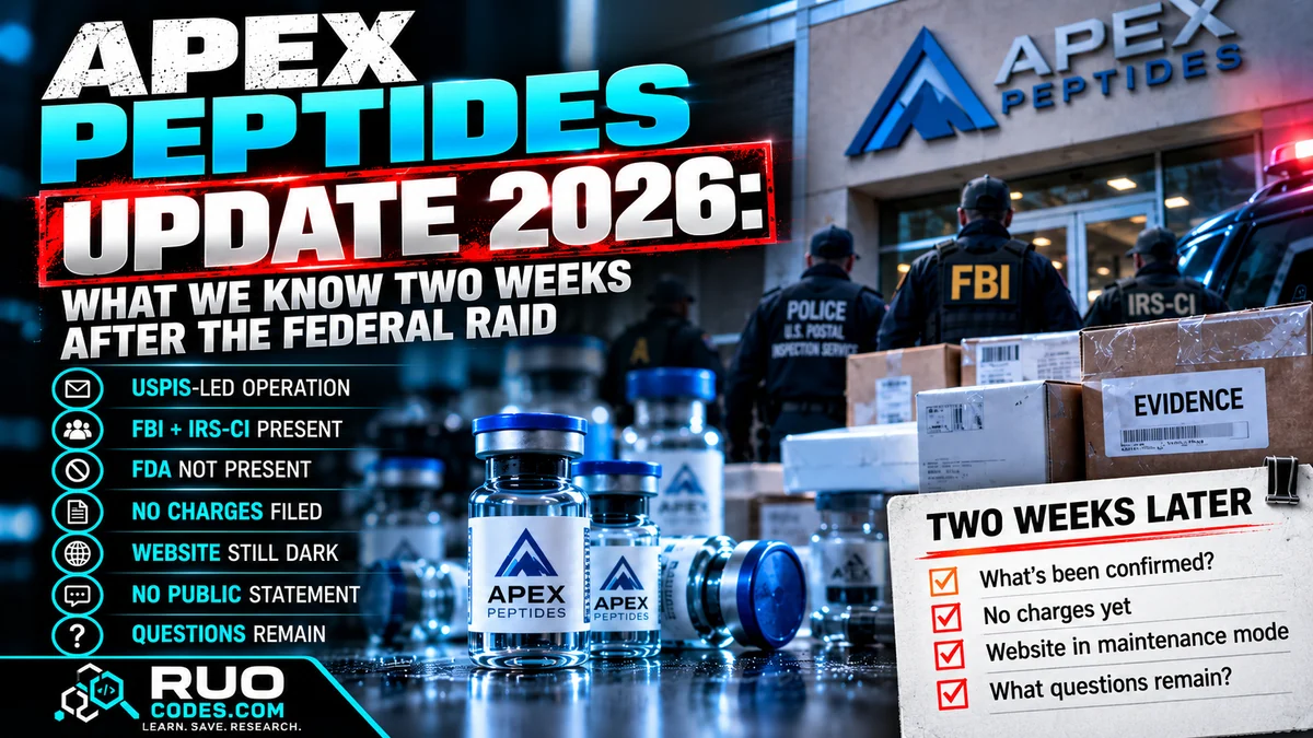 Editorial illustration for the Apex Peptides October 2026 update, depicting postal inspectors, FBI and IRS-CI agents beside evidence boxes