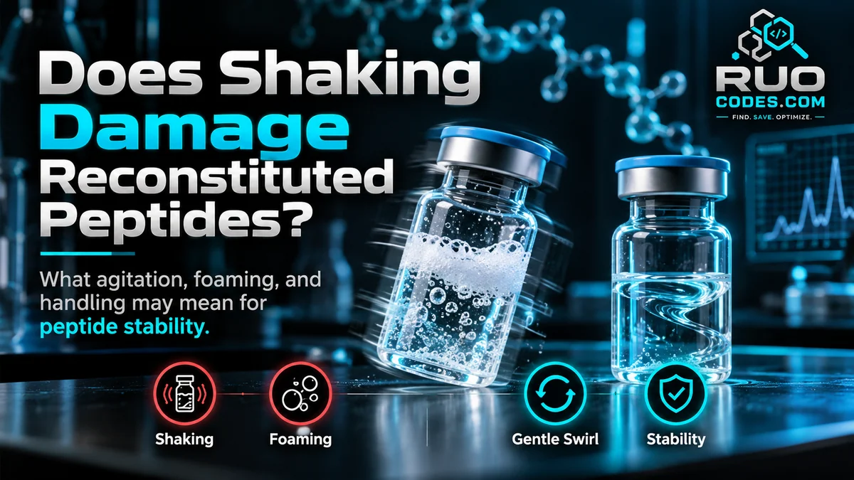 RUO Codes illustration comparing a shaken, foaming peptide vial with a clear vial and gentle swirling