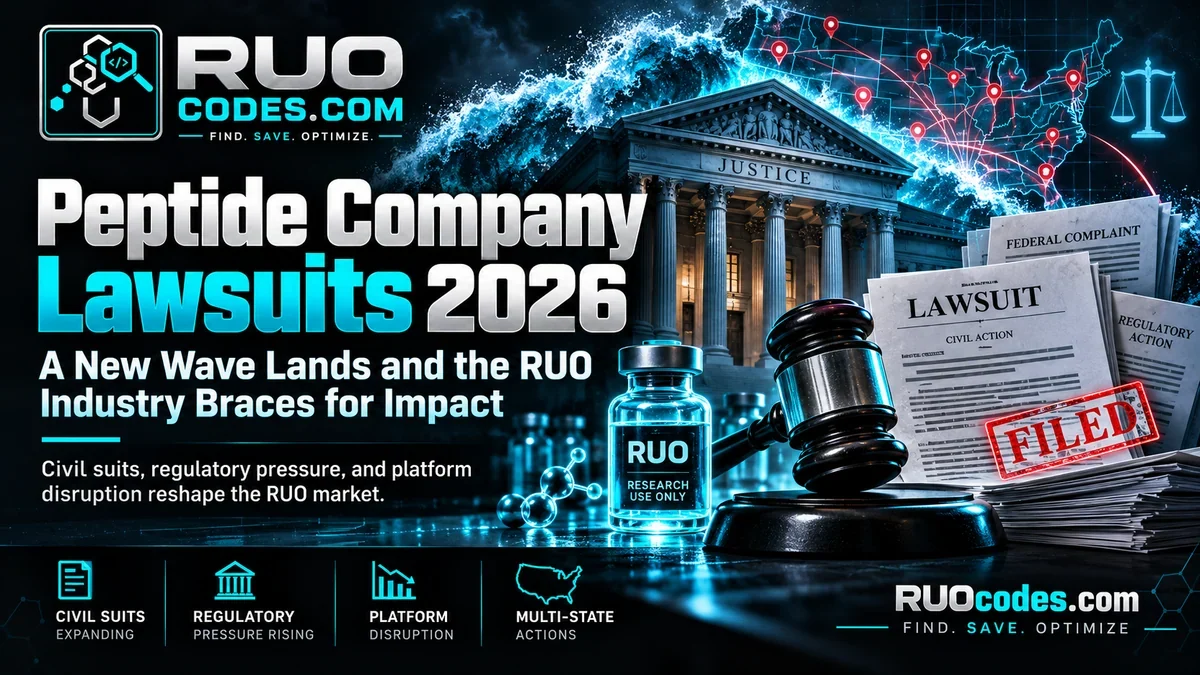 RUO Codes editorial illustration: Peptide Company Lawsuits 2026, with a courthouse, gavel, research vial and legal filings