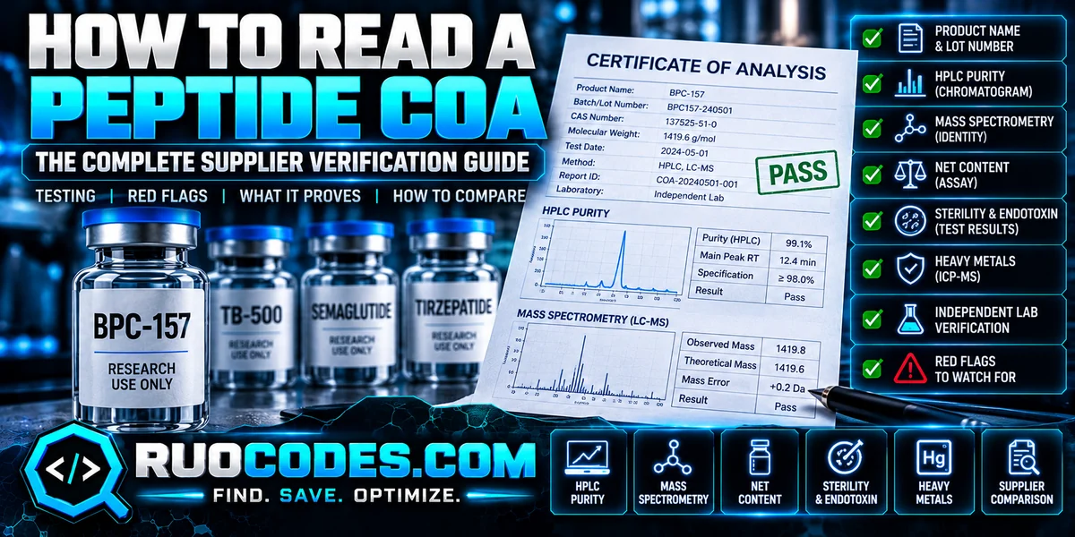 Illustrated peptide COA reading guide showing a certificate, HPLC and mass spectrometry plots, and supplier verification checks