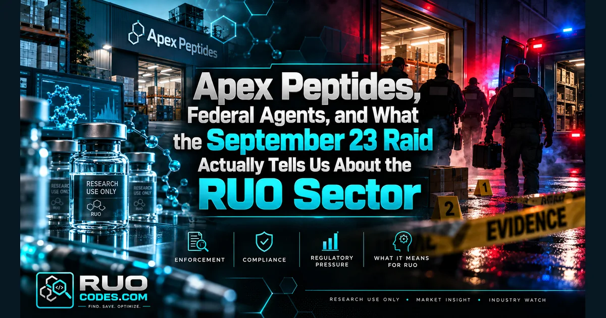 Editorial illustration about federal searches at properties linked through business records to Apex Peptides; not a photograph of the searches